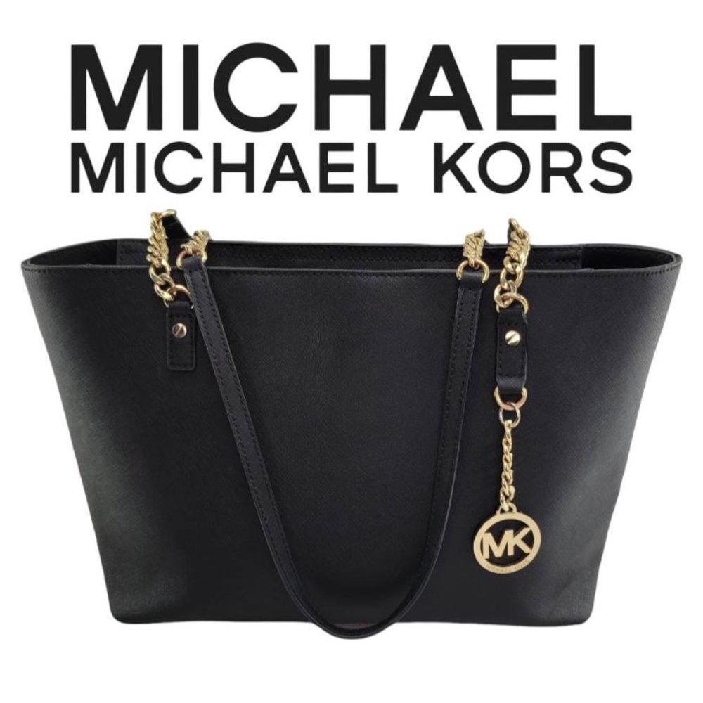 MICHAEL Michael Kors Saffiano Leather Medium Jet Set Tote - Black/Gold/Chain